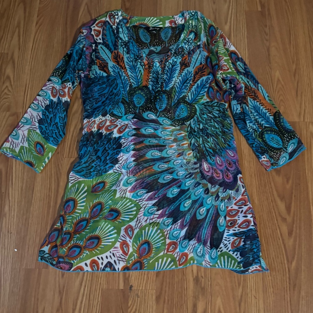 Zury Multicolor Peacock Print Embroidered Women's 3/4 Sleeve Sheer Tunic Resort